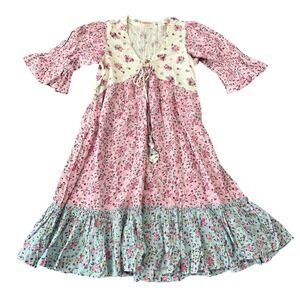 Bombay Paisley Boho Cottagecore Floral Patchwork Midi Dress Pink Cream Tie Front